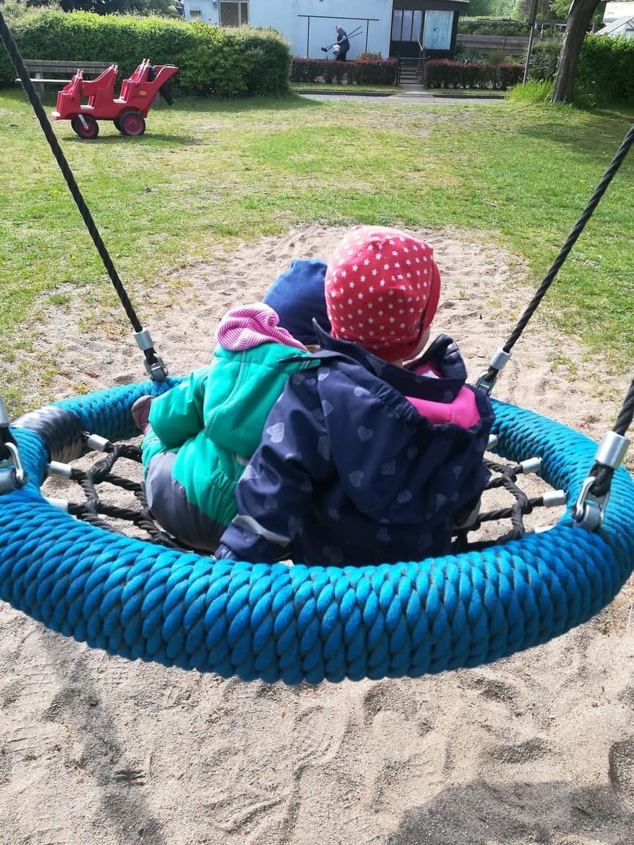Kinder von hinten auf der Nestschaukel
